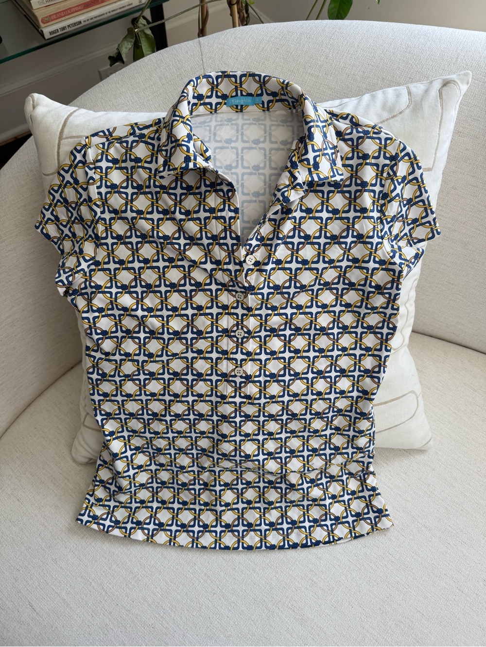 J. McLaughlin White Polo with Navy & Mustard Chain Link Print